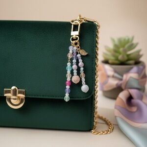 Golden Poppy Designer Inspired Beaded Bag Charm Keychain with Leaf Charm